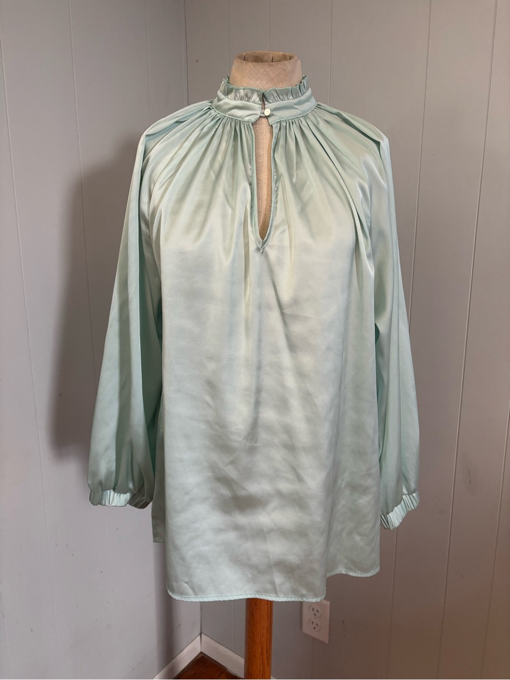 Crosby by Mollie Burch Satin Blouse Medium Mint Green Ruffle Neck Keyhole